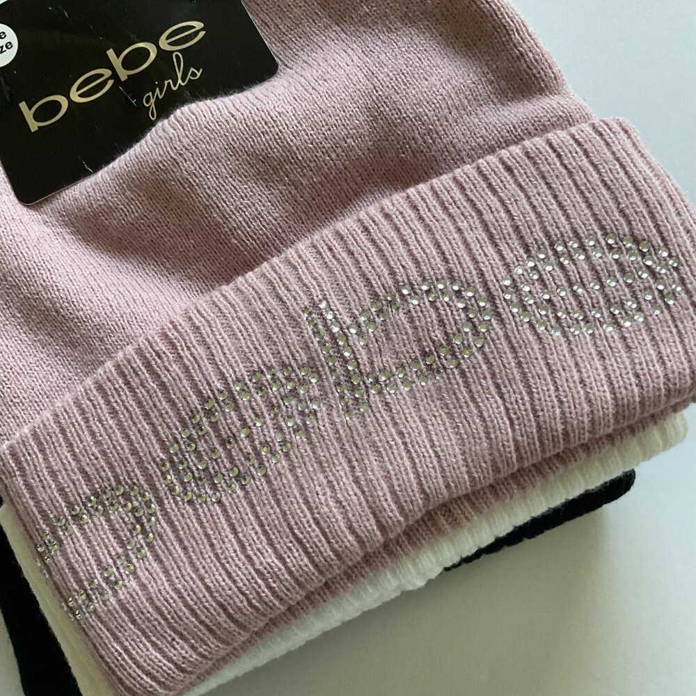 BEBE Girl's Pack of 3 Rhinestone Beanie Hats NWT Size OSFM - Picture 4 of 6
